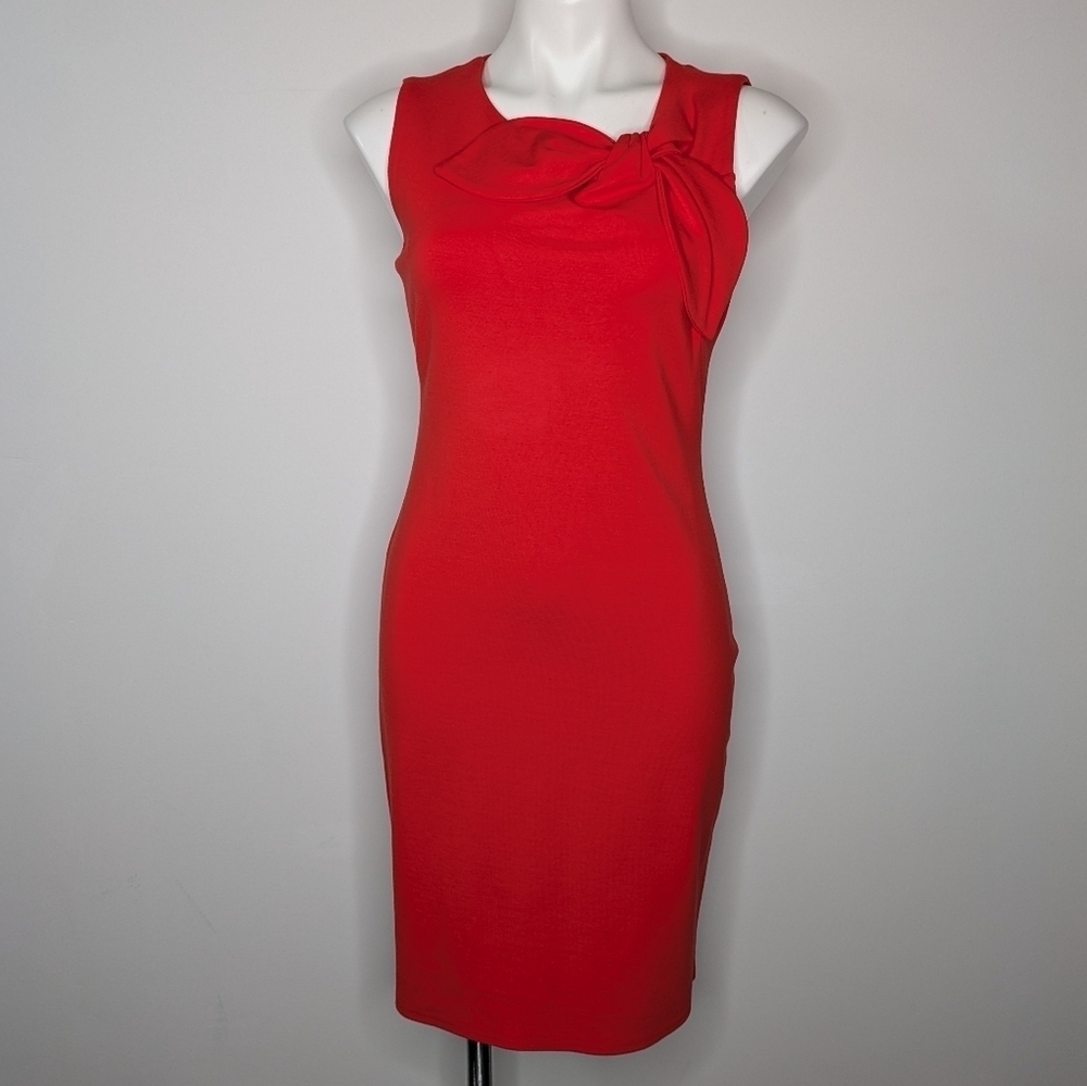 Banana Republic Red Orange Faux Tie Neck Sleeveless Knee Length Dress 4